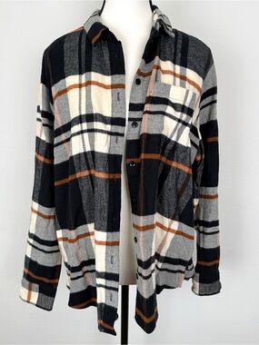 Madewell Size Large Black Gray Orange Button Up Bromley Plaid Flannel Shirt